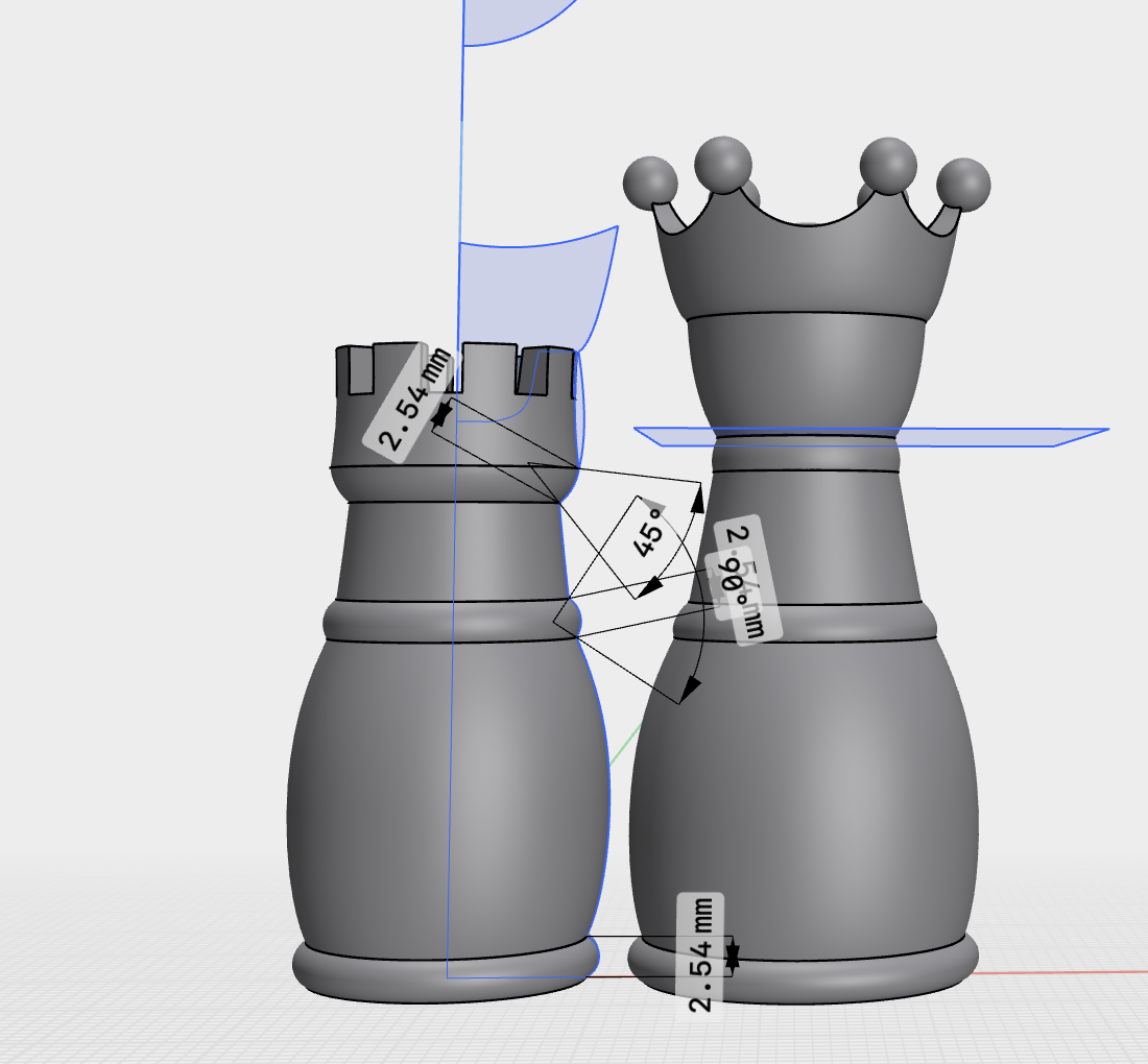 Shapr3D model of rook and queen with dimensions