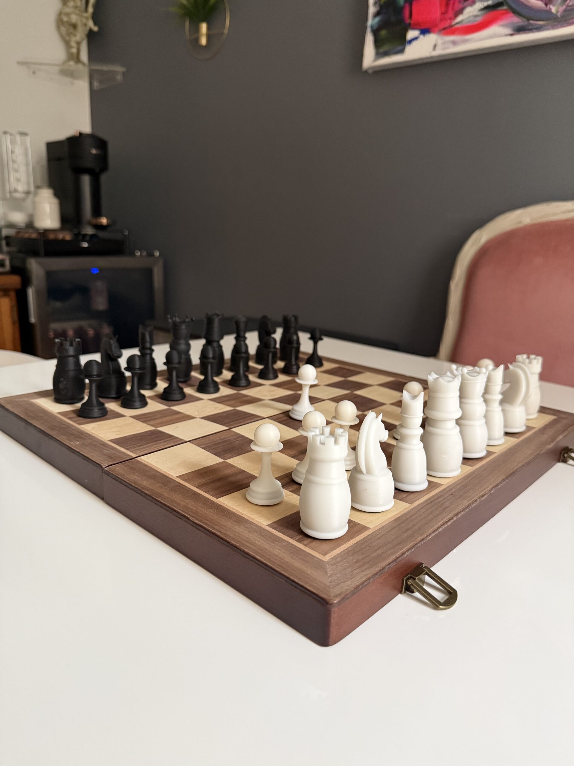 Full chess set on wooden board