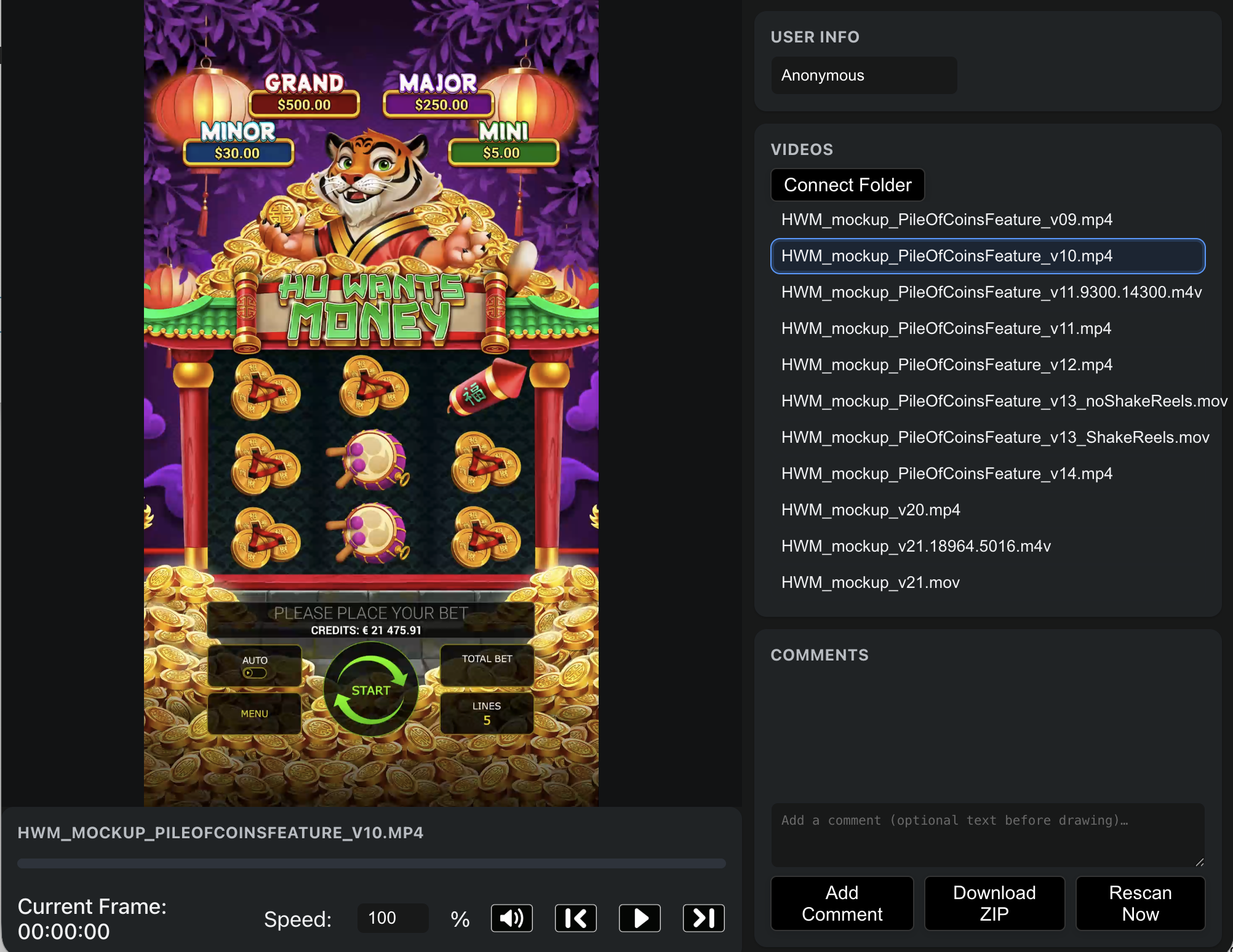 Single-video review with file list and comments panel
