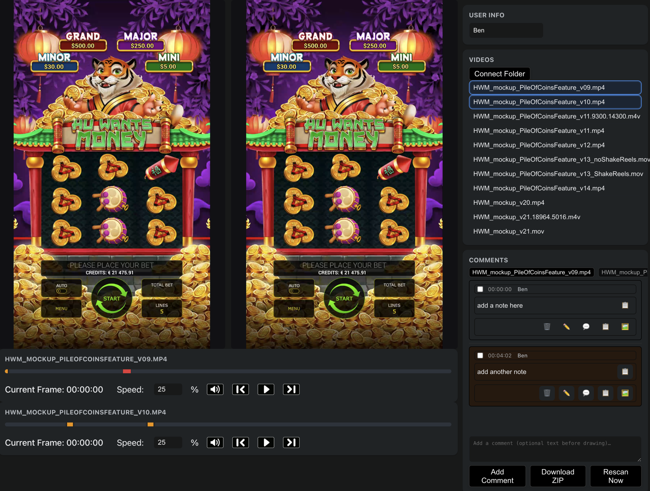 Two videos playing side-by-side, each with its own timeline, sharing one comments panel
