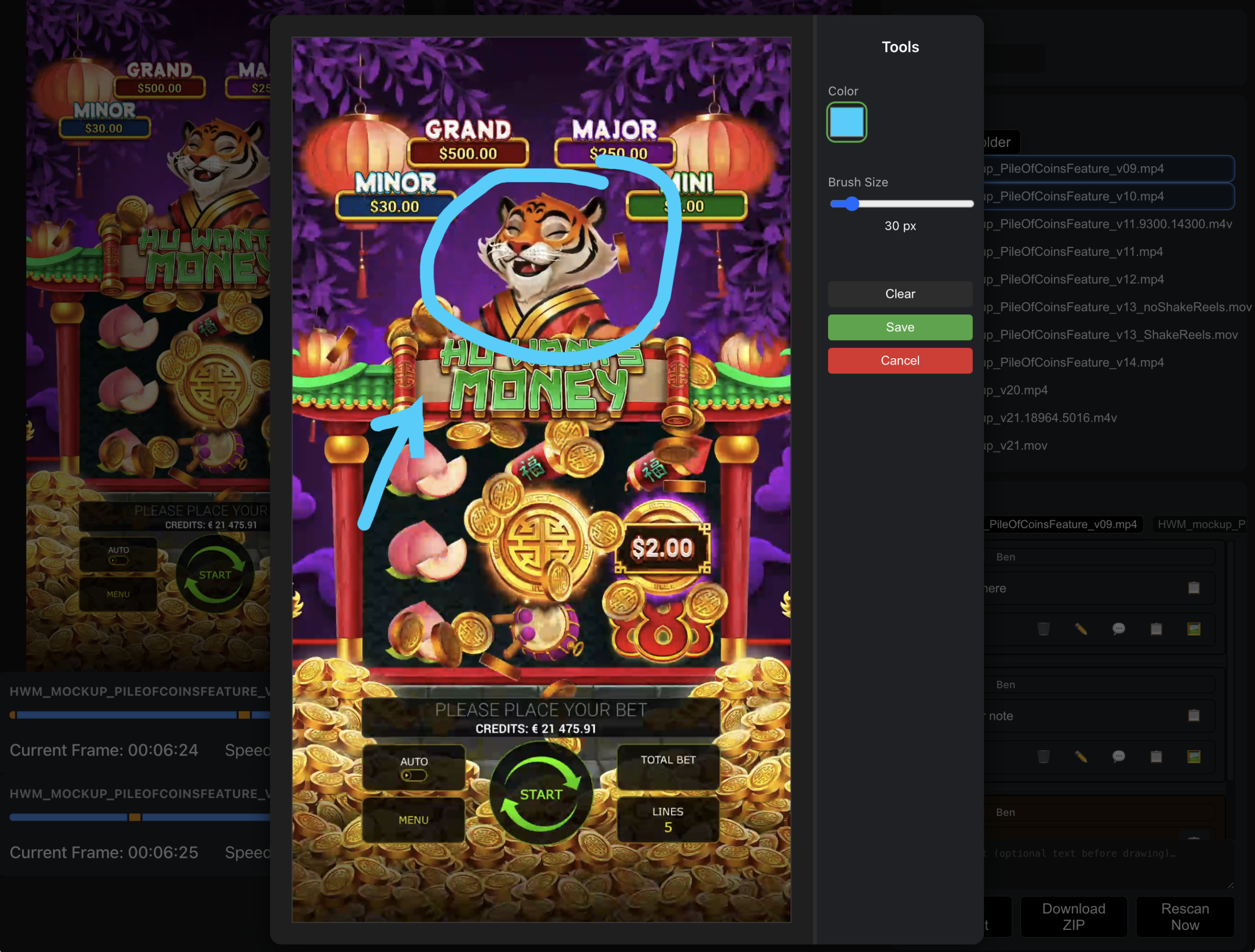 Drawing tool overlay with color and brush size controls