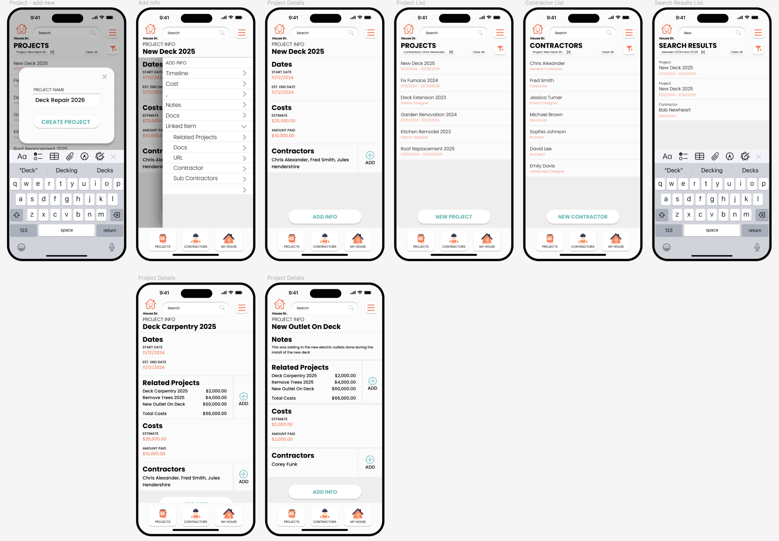 Eight iPhone screens showing House Dr UI: projects list, contractor list, search, project detail