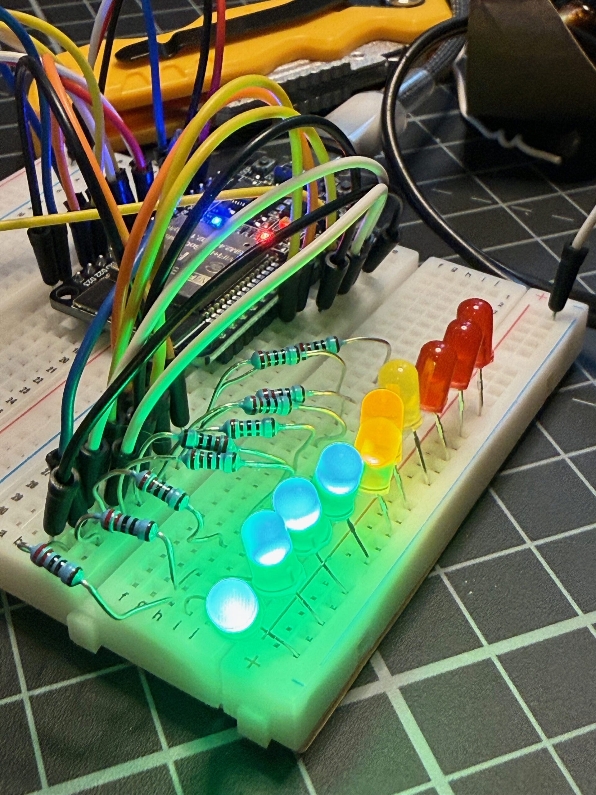 Close-up of the rainbow LED bargraph lit up