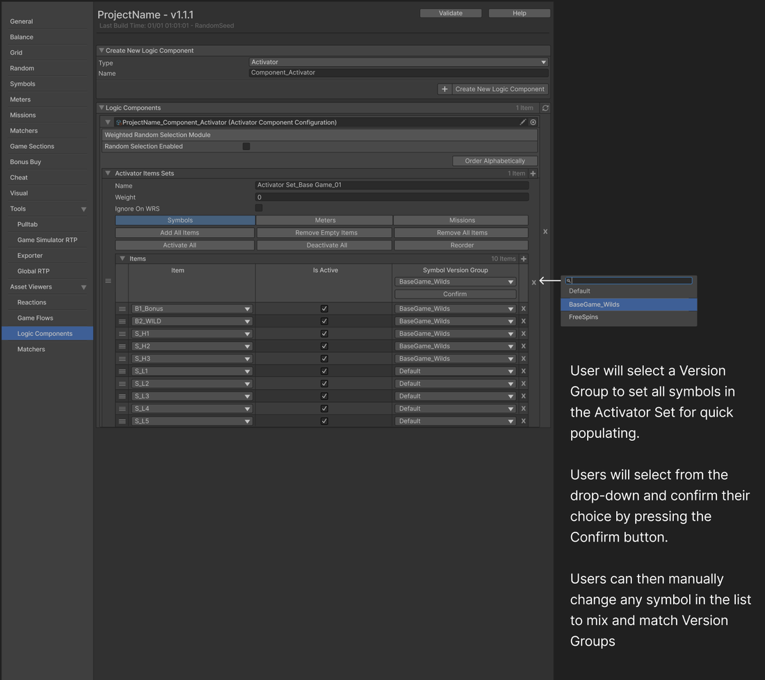 Activator configuration UI with workflow annotations. Shows the symbol set editor with a table of symbols, a Symbol Version Group dropdown, and a callout on the right explaining the interaction: user selects a Version Group to set all symbols at once, confirms the choice, then can manually change individual symbols to mix and match groups.
