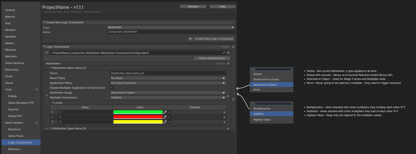 Multimeter logic component configuration with annotated dropdowns. Left side shows the editor panel with multimeter levels, reset policy, application policy, multiplier usage. Right side shows callouts explaining each option: Global (always applied), Global with Excludes, Attached to Object, None, Multiplicative vs Additive vs Highest Value.