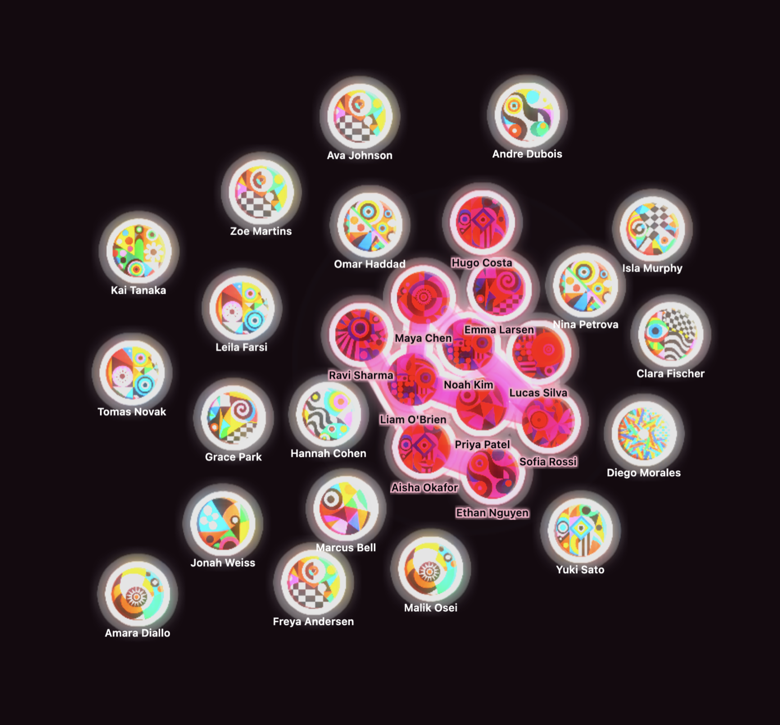 Kaleidoscopic mandala glyphs, the synced cluster flushed red and linked
