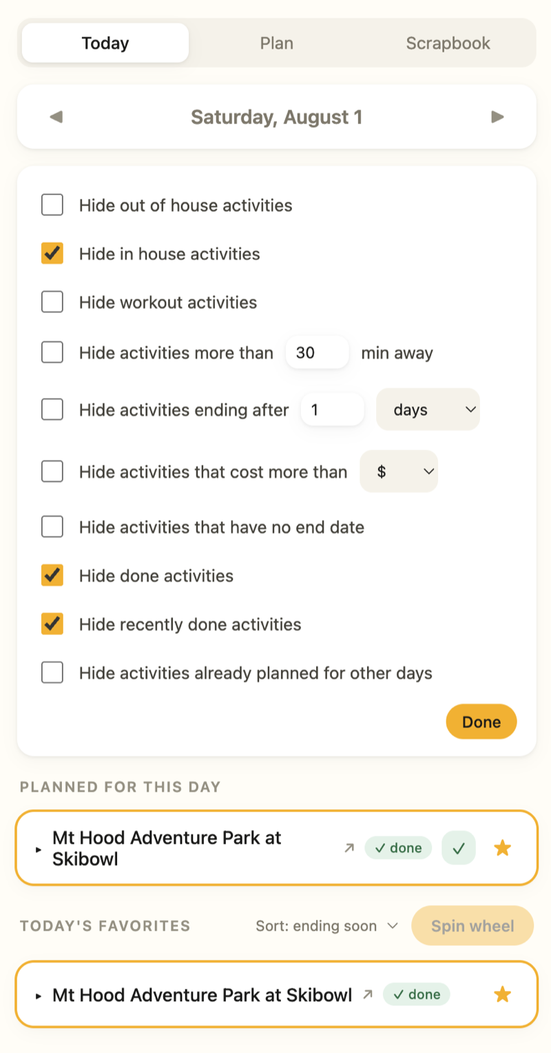 What To Do filter panel: checkboxes to hide activities by location, travel time, end date, cost, and done status
