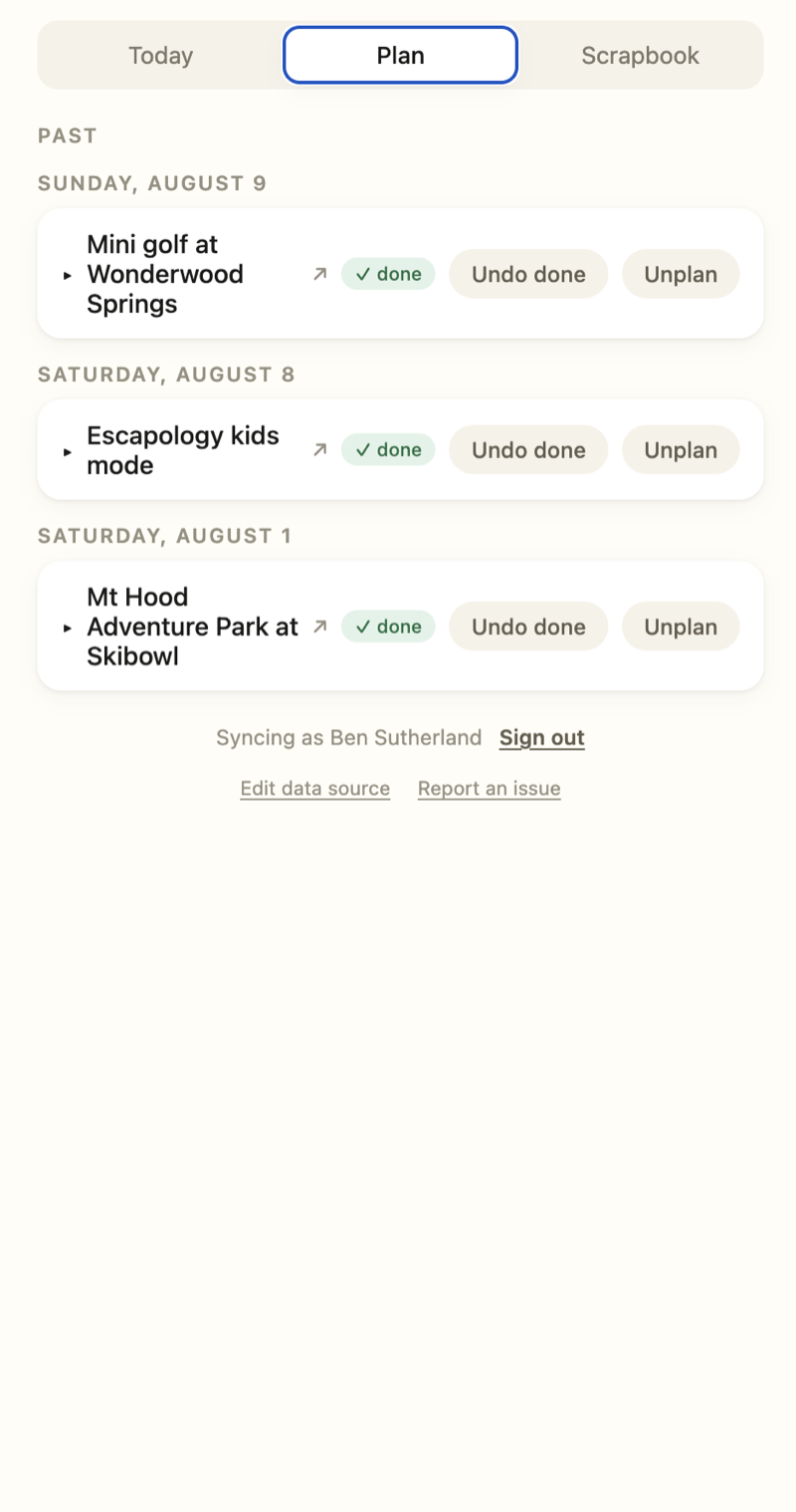 What To Do Plan view: past activities marked done with Undo done and Unplan controls