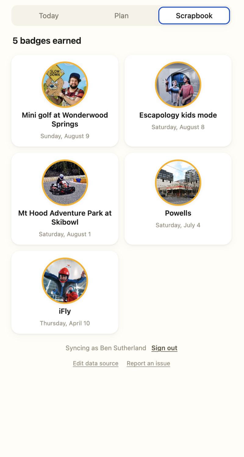 What To Do Scrapbook view: five earned photo badges of completed activities with dates
