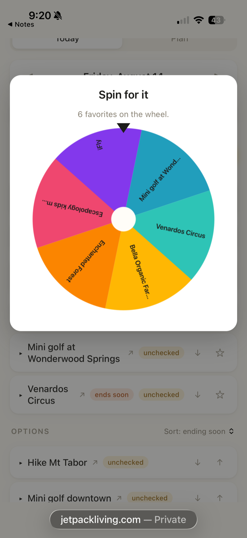 What To Do spin wheel mid-spin with six favorite activities