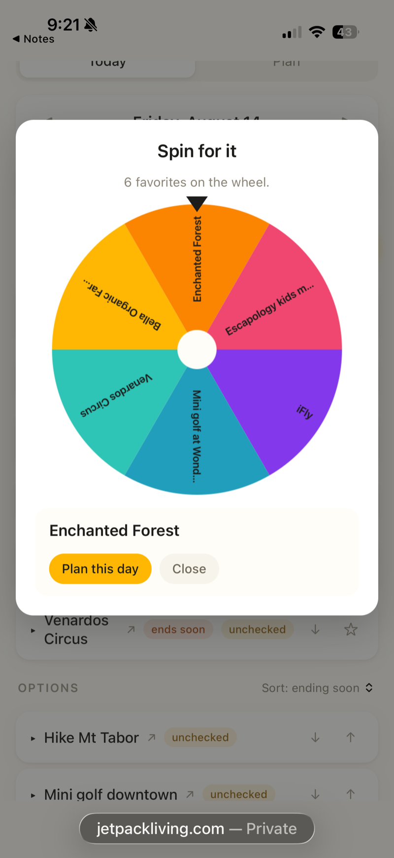 What To Do spin wheel landed on Enchanted Forest with a Plan this day button